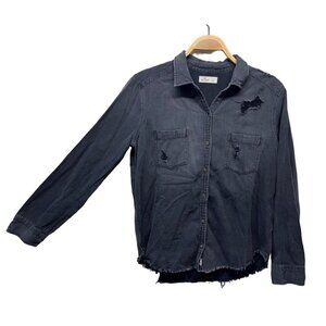 Hollister Womens Long Sleeve Button Up Shirt Denim Distressed Raw Hem Large